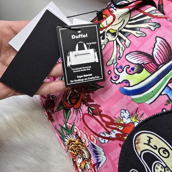 Ed Hardy Pink Love Kills Rhinestone Large Duffle Bag tattoo flash New - Picture 3 of 7